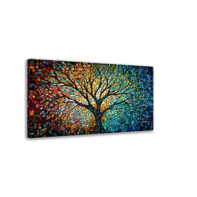 Yggdrasil Colorful Mosaic Painting, Tree of Life Artwork, Stained Glass Canvas Print, Norse Mythology Art, Mythology Gift, Celtic Artwork