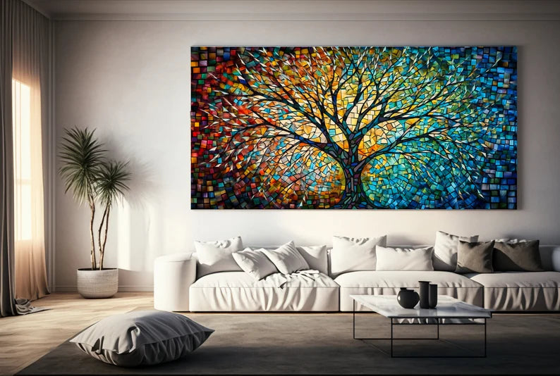 Yggdrasil Colorful Mosaic Painting, Tree of Life Artwork, Stained Glass Canvas Print, Norse Mythology Art, Mythology Gift, Celtic Artwork