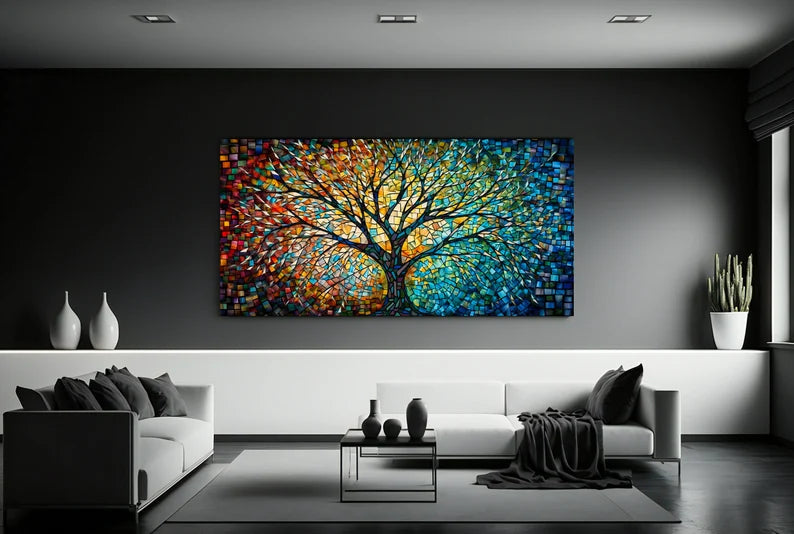 Yggdrasil Colorful Mosaic Painting, Tree of Life Artwork, Stained Glass Canvas Print, Norse Mythology Art, Mythology Gift, Celtic Artwork