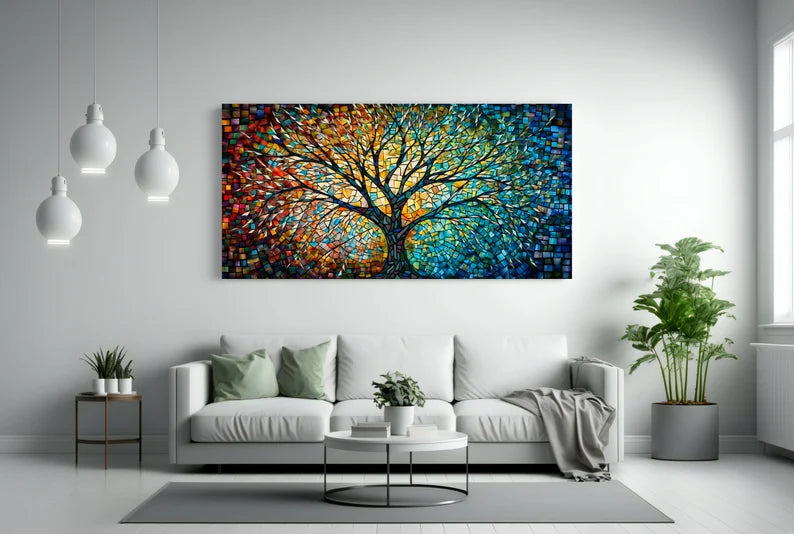 Yggdrasil Colorful Mosaic Painting, Tree of Life Artwork, Stained Glass Canvas Print, Norse Mythology Art, Mythology Gift, Celtic Artwork