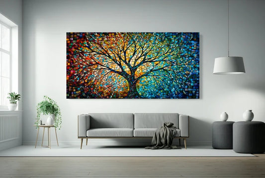 Yggdrasil Colorful Mosaic Painting, Tree of Life Artwork, Stained Glass Canvas Print, Norse Mythology Art, Mythology Gift, Celtic Artwork