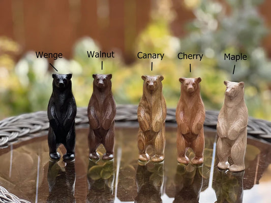 Wooden Bear Statue. Made from different hardwoods. Standing pose. Available in different Species. 4 inches tall.
