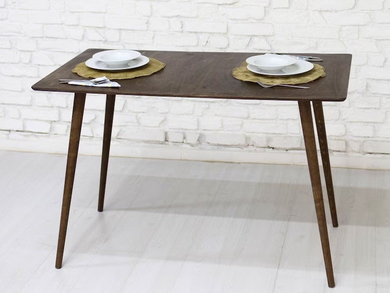 Small Walnut Wood Retro Dining Table for Kitchen, Narrow Mid Century Modern Dinning Room Table for Farmhouse, Handmade Saver Furniture Gift