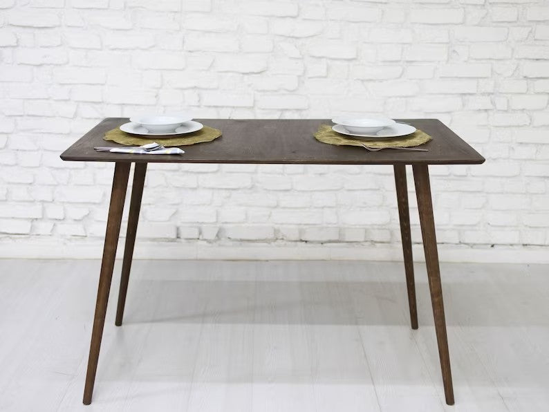 Small Walnut Wood Retro Dining Table for Kitchen, Narrow Mid Century Modern Dinning Room Table for Farmhouse, Handmade Saver Furniture Gift