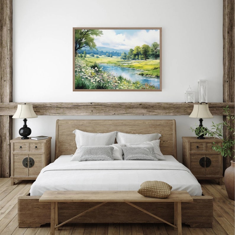 River watercolor landscape print large painting green poster panoramic landscape flowers painting fine art print