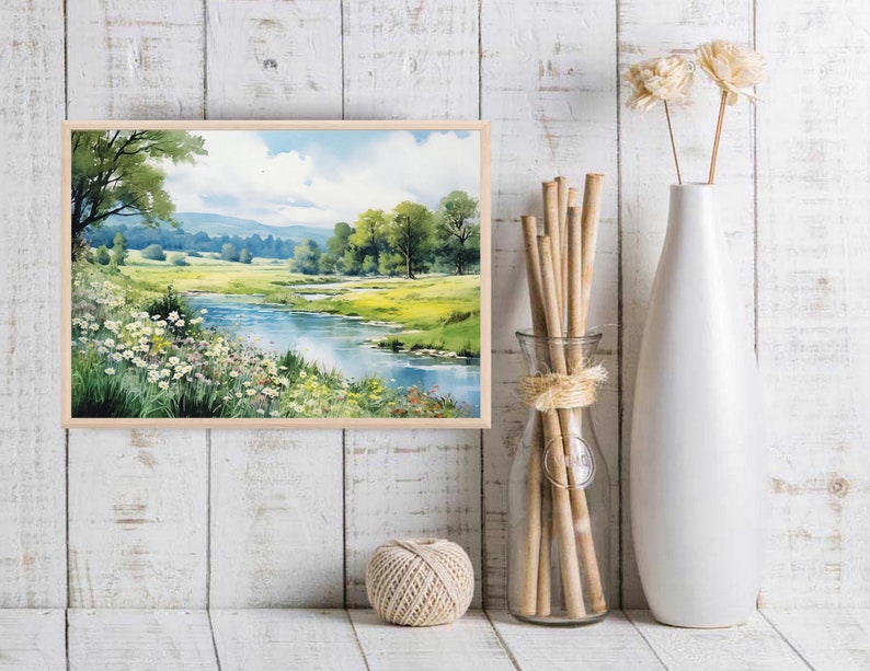 River watercolor landscape print large painting green poster panoramic landscape flowers painting fine art print
