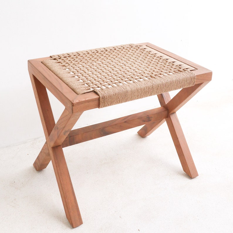 Large Wooden Stool INDRA (beige) made of Trembesi with a Seating Surface from Woven Recycled Paper