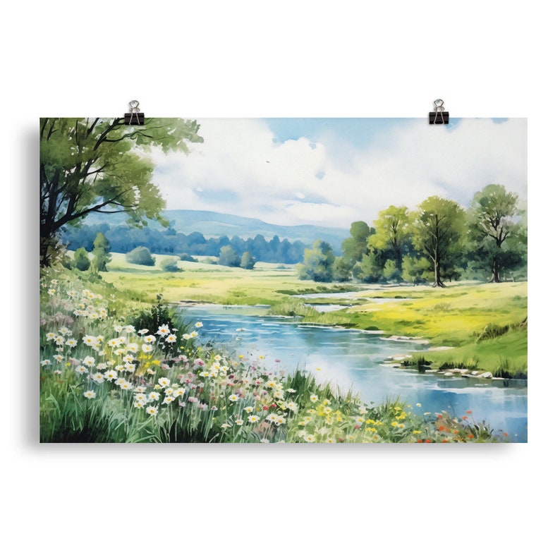 River watercolor landscape print large painting green poster panoramic landscape flowers painting fine art print