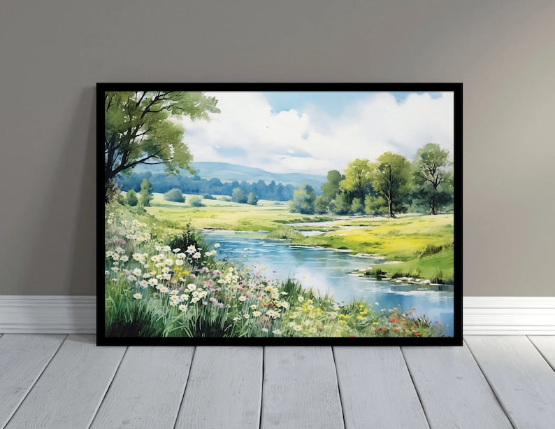 River watercolor landscape print large painting green poster panoramic landscape flowers painting fine art print