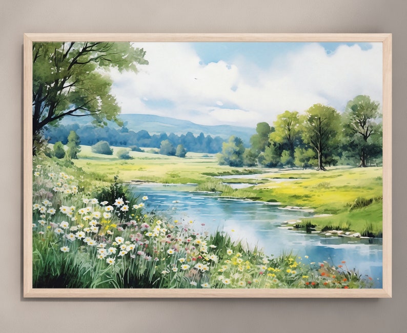 River watercolor landscape print large painting green poster panoramic landscape flowers painting fine art print