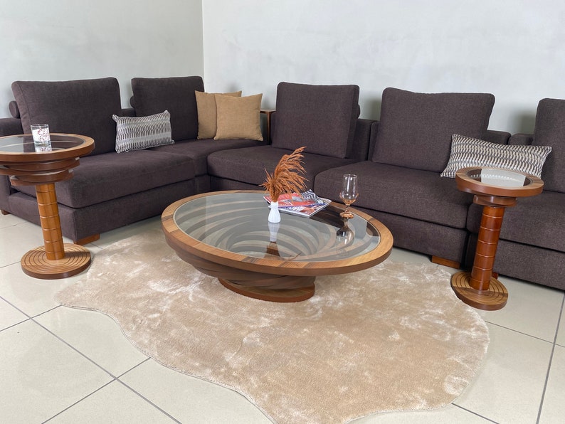 Ellipse Large Coffee Table for Living Room, Natural Walnut Coffee Table Modern Decorative Custom Design with Glass Top