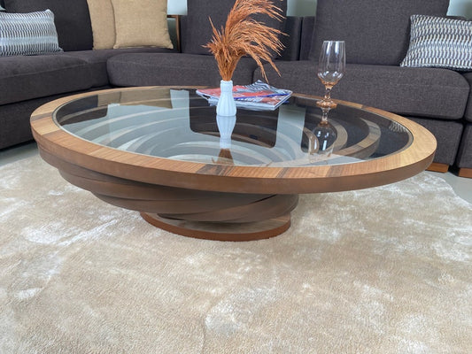 Ellipse Large Coffee Table for Living Room, Natural Walnut Coffee Table Modern Decorative Custom Design with Glass Top