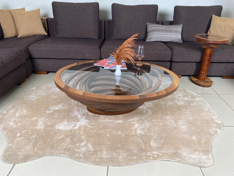 Ellipse Large Coffee Table for Living Room, Natural Walnut Coffee Table Modern Decorative Custom Design with Glass Top
