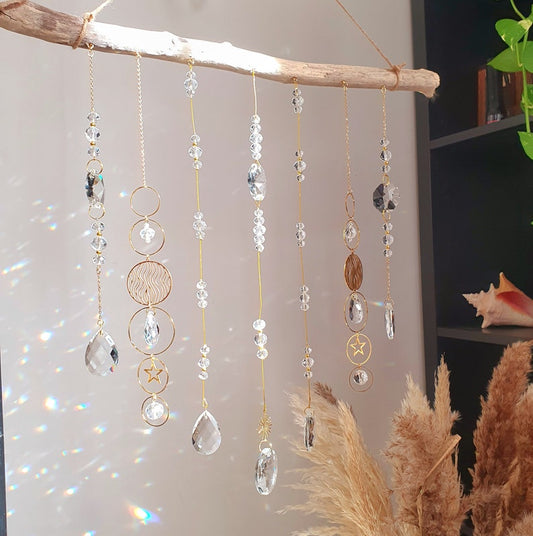 Large Boho Mobile Wooden and Crystal Suncatcher