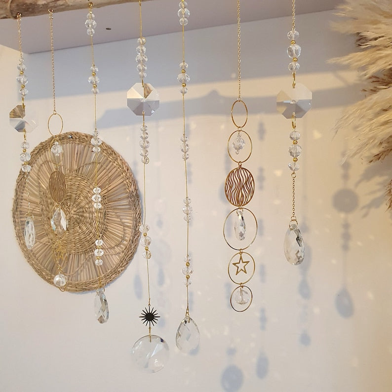 Large Boho Mobile Wooden and Crystal Suncatcher