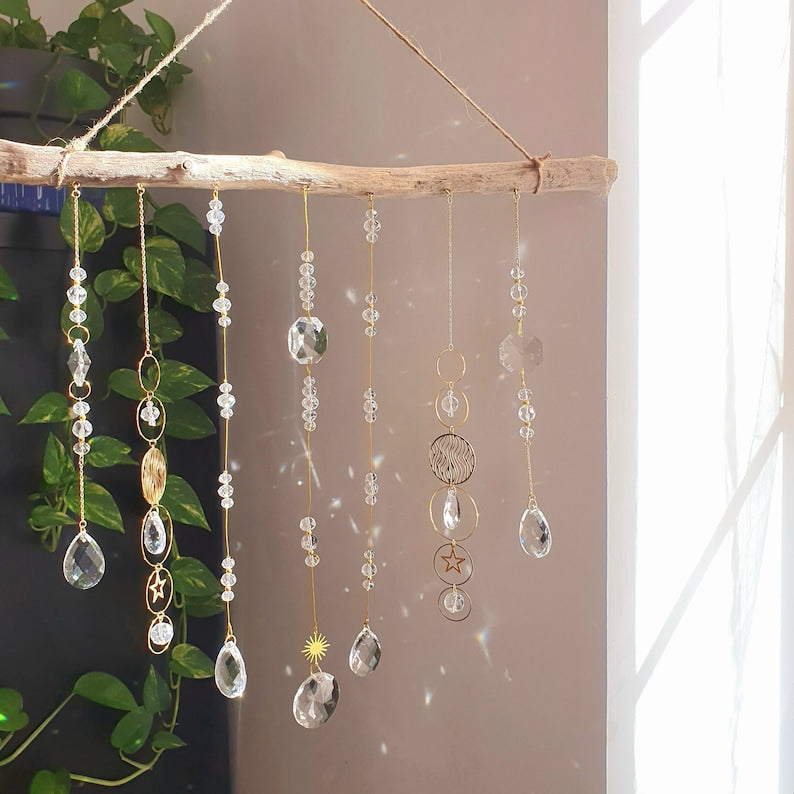 Large Boho Mobile Wooden and Crystal Suncatcher