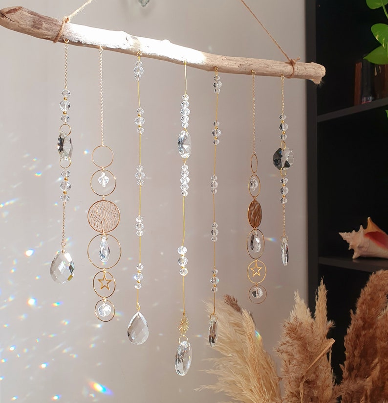 Large Boho Mobile Wooden and Crystal Suncatcher