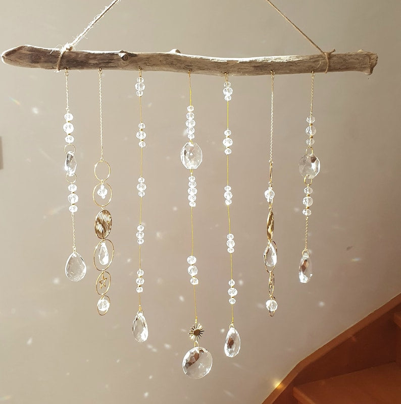 Large Boho Mobile Wooden and Crystal Suncatcher
