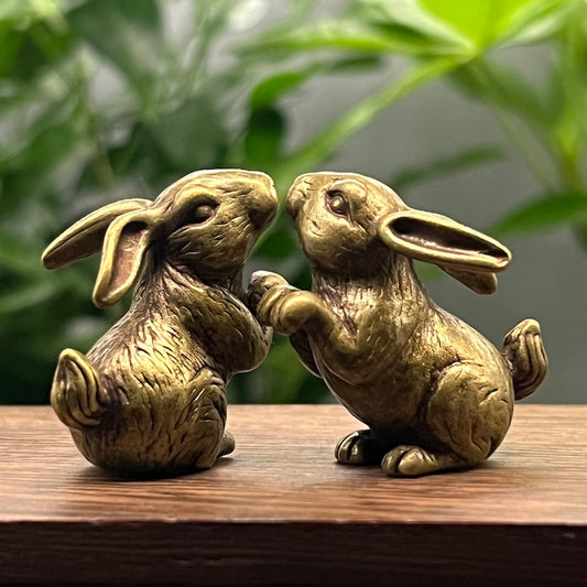 Two Cute mini Rabbits Figure, Kissing Brass Rabbit Statue
