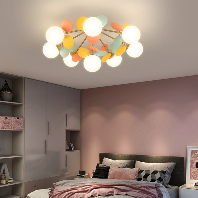 Nordic Colorful Ceiling Lamp,Elegant Living Room Flush Mount Light,Creative Glass Magic Bean Chandelier,Macarons Children's Room Decor Lamp