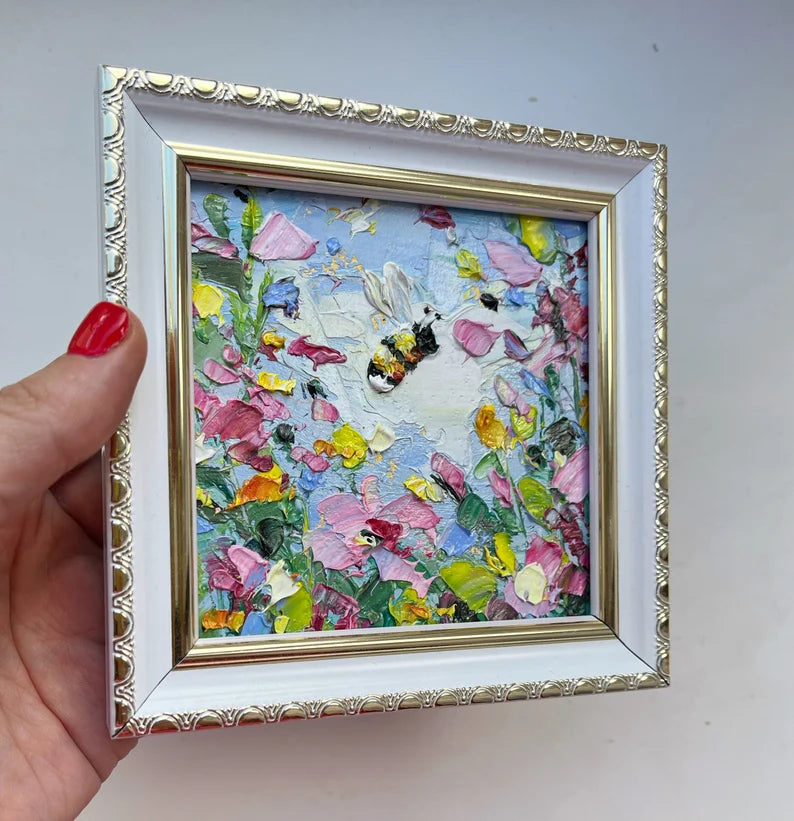 Bee Painting Honey Bee Original Art Flower Artwork Mini Honeybee Colorful Wall Art Bumblebee Oil Impasto Small Pink Floral Art Painting 3d