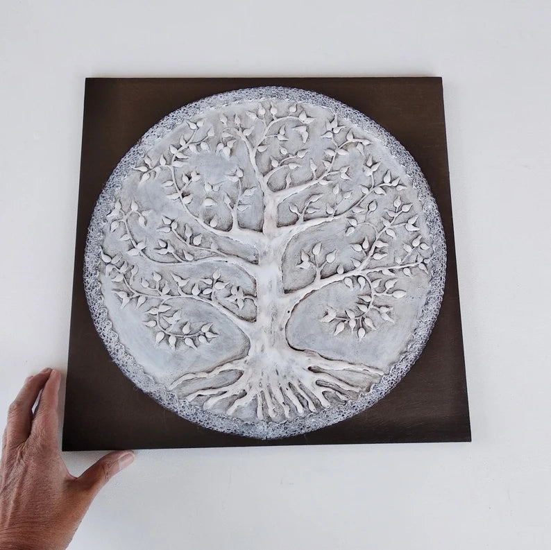 Relief decorative tree of life painting, original texturized plaster on wood wall art, natural home decor