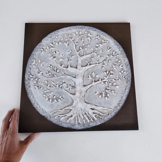 Relief decorative tree of life painting, original texturized plaster on wood wall art, natural home decor