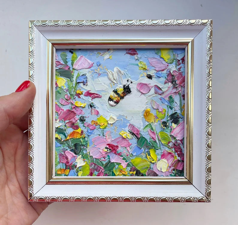 Bee Painting Honey Bee Original Art Flower Artwork Mini Honeybee Colorful Wall Art Bumblebee Oil Impasto Small Pink Floral Art Painting 3d