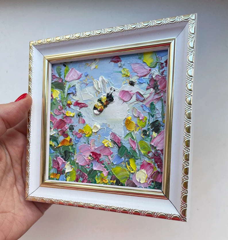 Bee Painting Honey Bee Original Art Flower Artwork Mini Honeybee Colorful Wall Art Bumblebee Oil Impasto Small Pink Floral Art Painting 3d