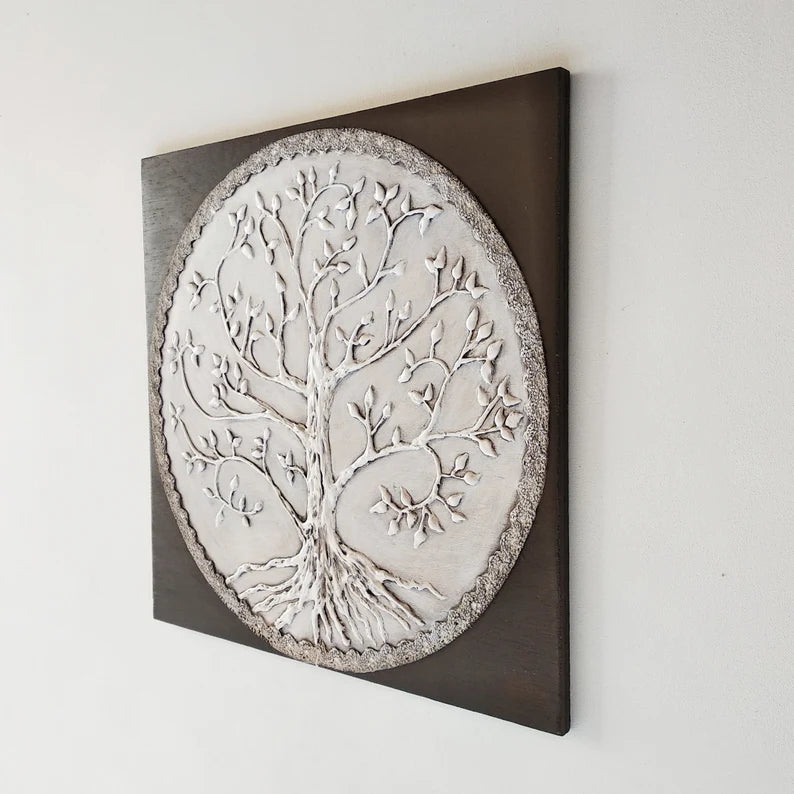 Relief decorative tree of life painting, original texturized plaster on wood wall art, natural home decor