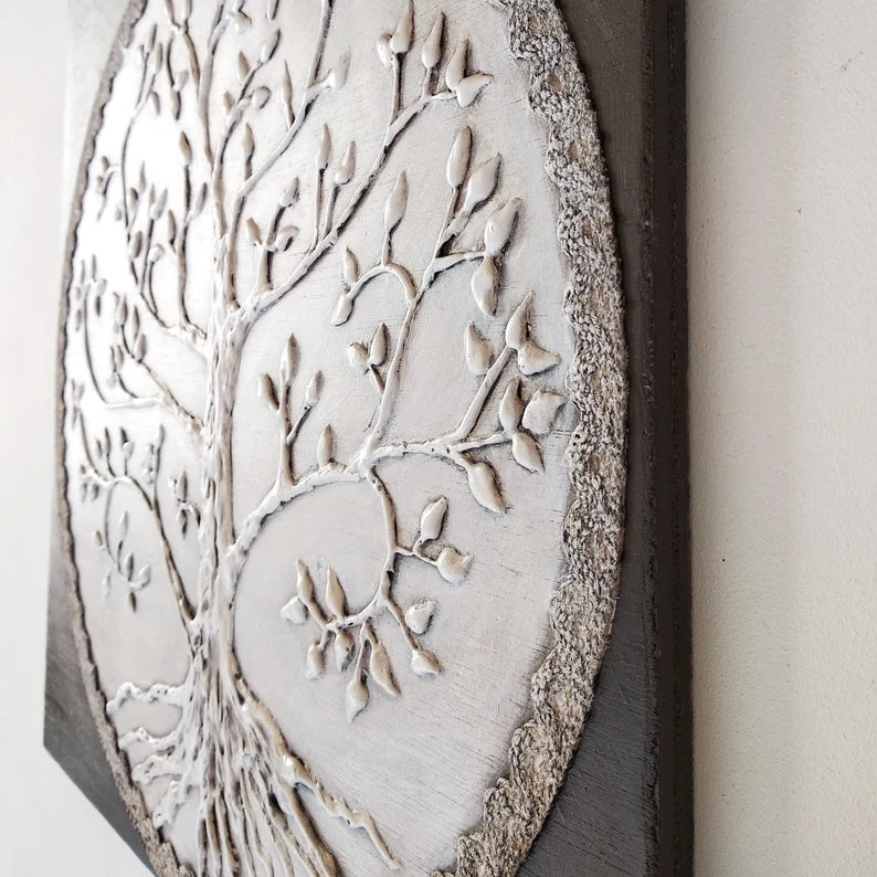 Relief decorative tree of life painting, original texturized plaster on wood wall art, natural home decor