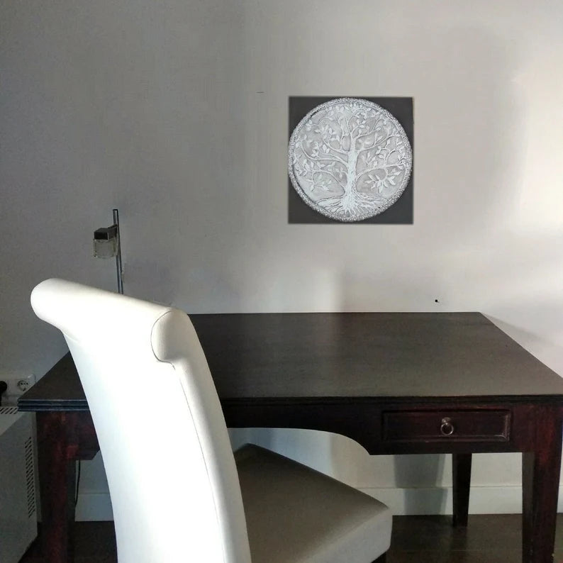 Relief decorative tree of life painting, original texturized plaster on wood wall art, natural home decor