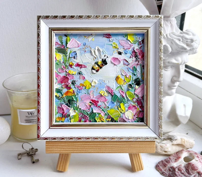 Bee Painting Honey Bee Original Art Flower Artwork Mini Honeybee Colorful Wall Art Bumblebee Oil Impasto Small Pink Floral Art Painting 3d