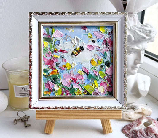 Bee Painting Honey Bee Original Art Flower Artwork Mini Honeybee Colorful Wall Art Bumblebee Oil Impasto Small Pink Floral Art Painting 3d