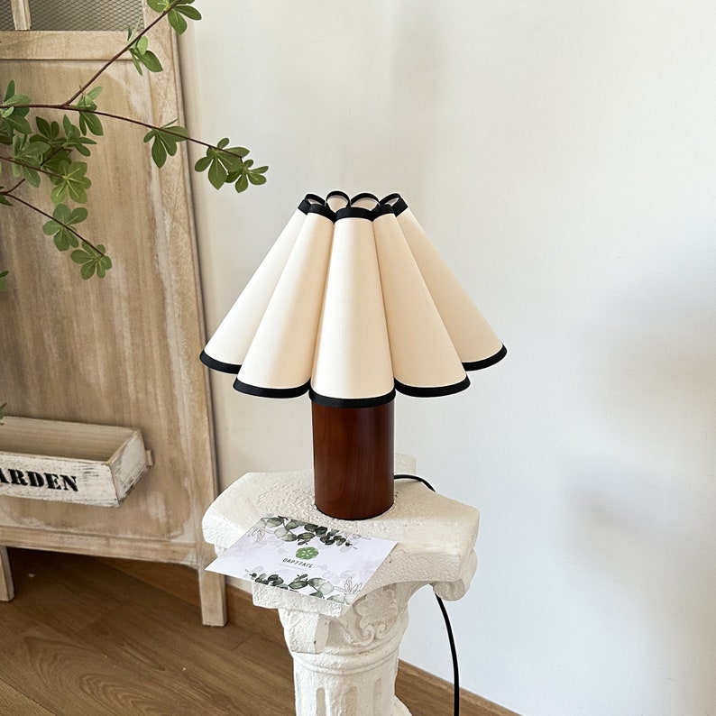 Wooden Pillar Pleated Table Lamp, Fabric Shade 110-240V For Bedroom Living Room Kitchen Retro Rustic Cozy Decorative Japandi Nightstand Lamp