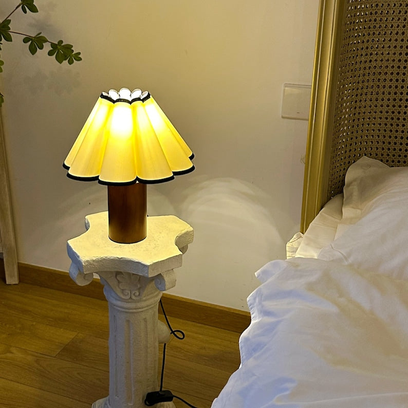Wooden Pillar Pleated Table Lamp, Fabric Shade 110-240V For Bedroom Living Room Kitchen Retro Rustic Cozy Decorative Japandi Nightstand Lamp