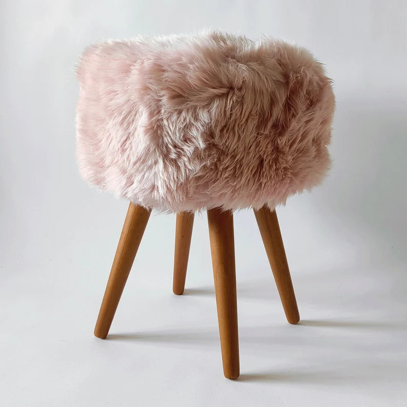 Light pink sheepskin stool with oak legs | Girl's room decor | Natural fur chair | Pink vanity chair | Rose sheepskin tabouret