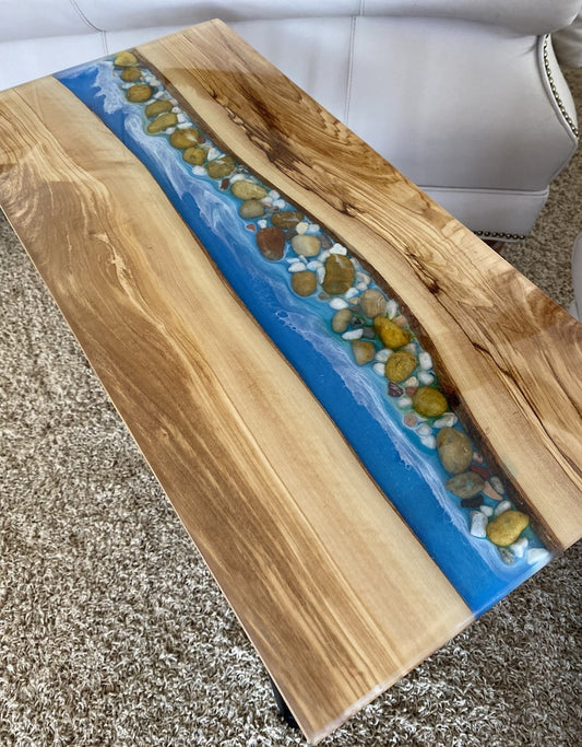 Olive Wood River Table | Live Edge End Table | Epoxy River Table With Embedded Rocks