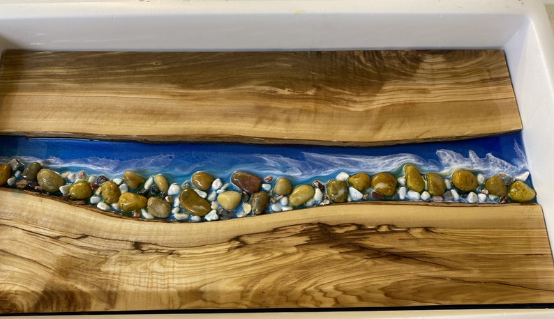 Olive Wood River Table | Live Edge End Table | Epoxy River Table With Embedded Rocks