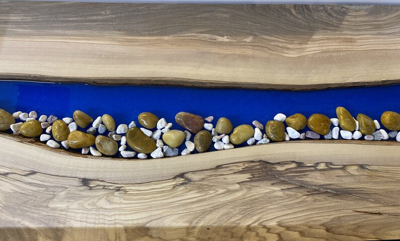 Olive Wood River Table | Live Edge End Table | Epoxy River Table With Embedded Rocks