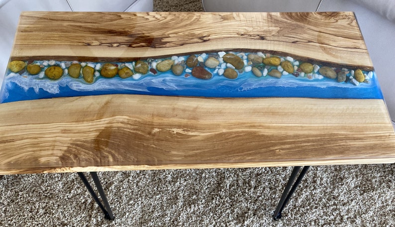 Olive Wood River Table | Live Edge End Table | Epoxy River Table With Embedded Rocks
