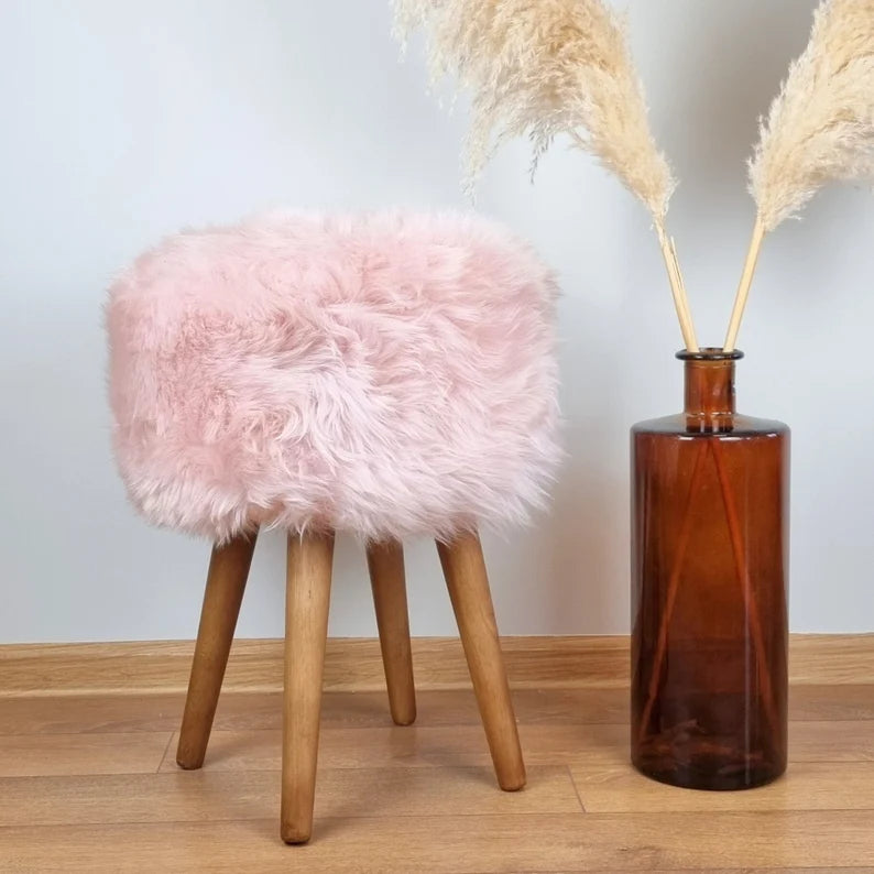 Light pink sheepskin stool with oak legs | Girl's room decor | Natural fur chair | Pink vanity chair | Rose sheepskin tabouret