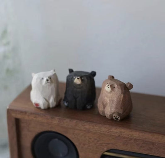 Handmade Mini Wood Carving Bears Model Wooden Animals Figurines Sculptures Home Desk Decor Miniatures Crafts Kids Christmas Gift Wood Statue