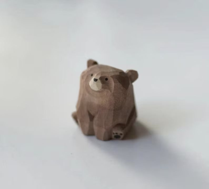 Handmade Mini Wood Carving Bears Model Wooden Animals Figurines Sculptures Home Desk Decor Miniatures Crafts Kids Christmas Gift Wood Statue