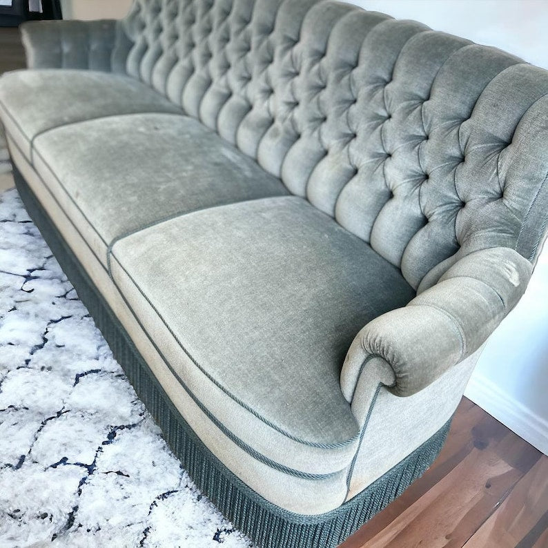 Vintage soft blue armchair / settee / sofa with fringes