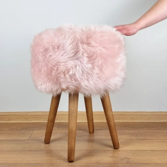 Light pink sheepskin stool with oak legs | Girl's room decor | Natural fur chair | Pink vanity chair | Rose sheepskin tabouret