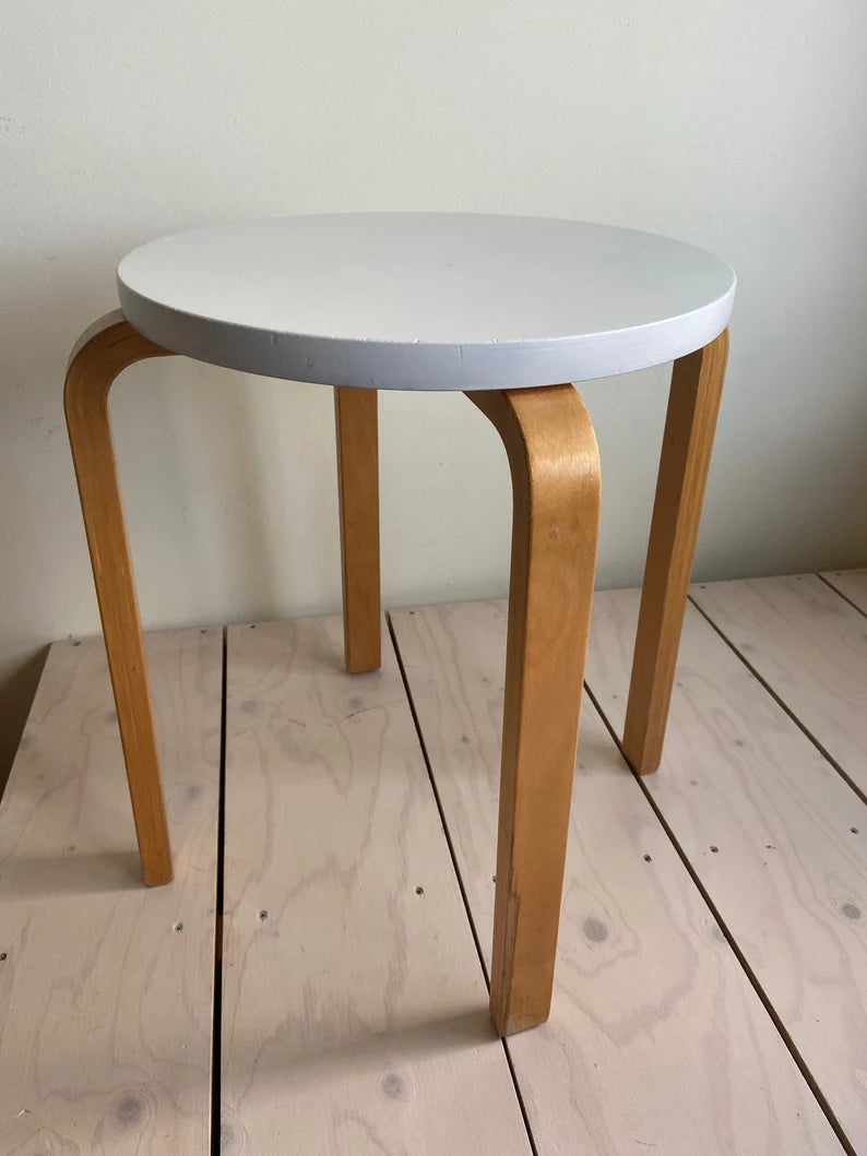 Jufhamvintage- vintage stool in Aalto for Artek style- Ikea Frosta- heavy birch stool with a white seat 1
