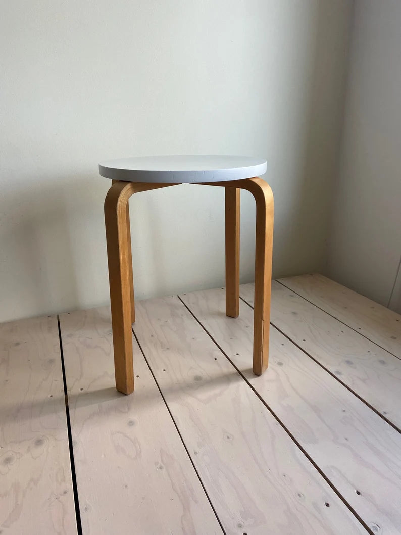 Jufhamvintage- vintage stool in Aalto for Artek style- Ikea Frosta- heavy birch stool with a white seat 1