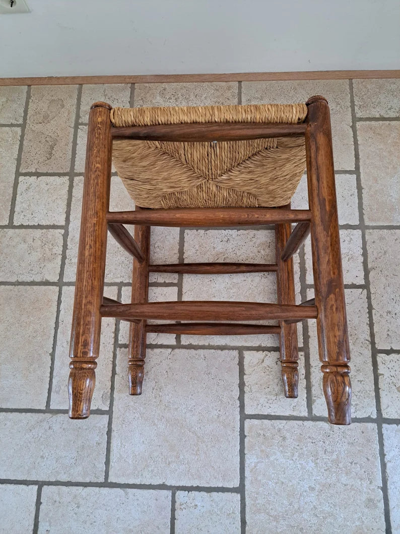 Vintage wooden stool oak with reed seat