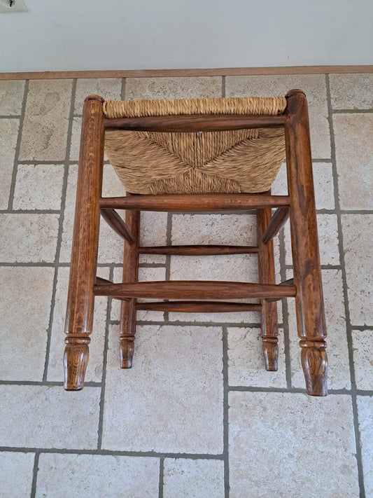 Vintage wooden stool oak with reed seat